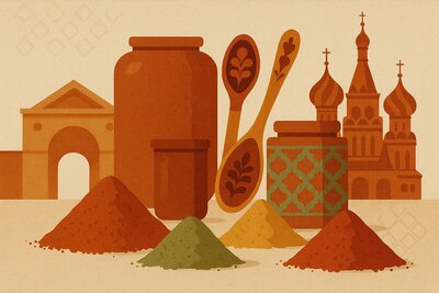 Bustling Moscow spice market with Seven Spices products