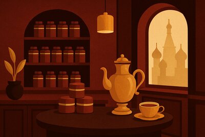Alexei Sokolov in his flagship TeaTime tearoom in Moscow's Arbat district, demonstrating traditional Russian tea ceremony with brass samovar